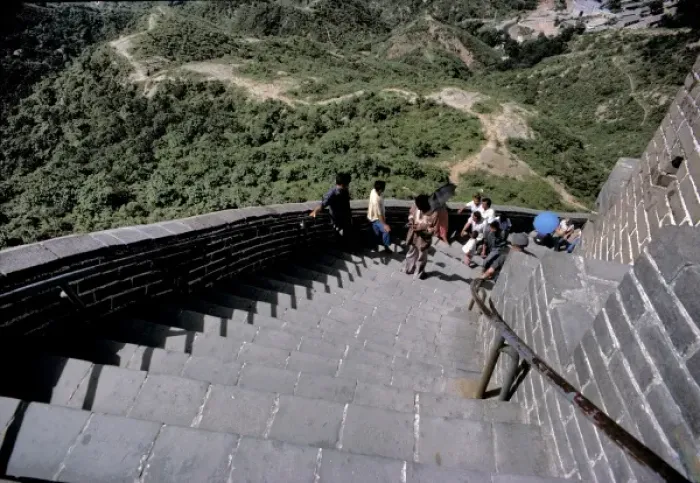 Framed Print : China, Hebei Province, Badaling, The Great Wall. Visitors make their way up the steep