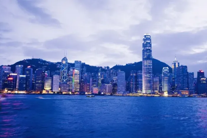 Framed Print : China, Hong Kong, Early evening view of the city as seen by boat from Hong Kong Harbor Framed Print : China, Hong Kong, Early evening view of the city as seen by boat from Hong Kong Harbor
