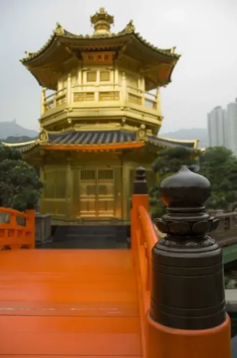 Framed Print : China, Hong Kong, New Territoris. Nan Lian Garden, bright orange Zi Wu Bridge leading