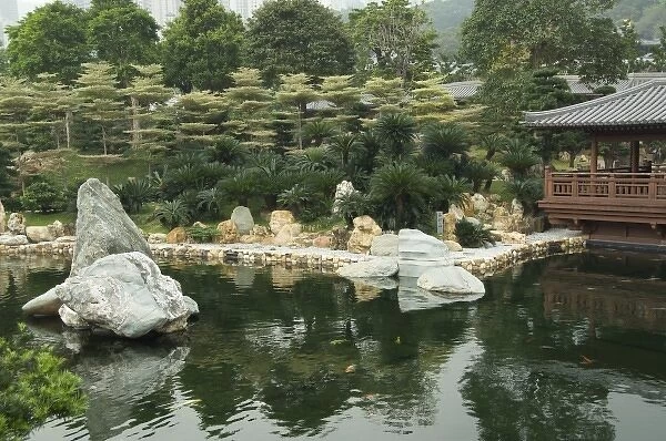 China, Hong Kong, New Territoris. Nan Lian Garden, Blue Pond & rock garden