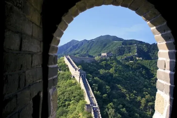 Framed Print : China, Huairou County, Mutianyu section of The Great Wall, viewed through turret window