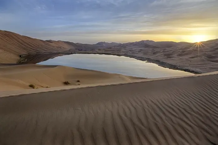 Framed Print : China, Inner Mongolia, Badan Jilin Desert. Sunrise on desert and lake. Credit as