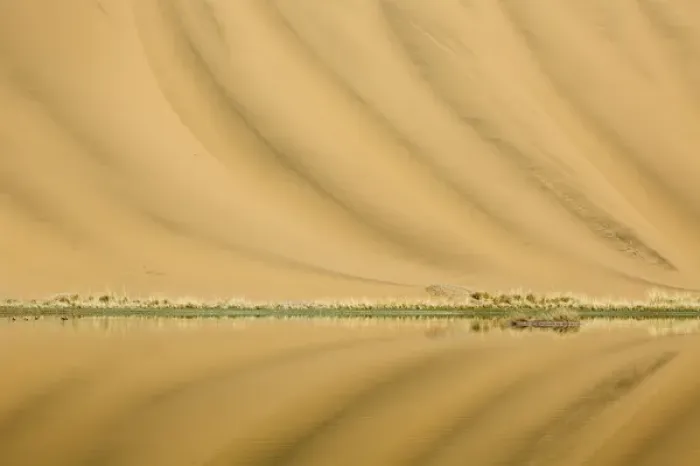 Framed Print : China, Inner Mongolia, Badan Jilin Desert. Dune patterns reflected in lake. Credit as Framed Print : China, Inner Mongolia, Badan Jilin Desert. Dune patterns reflected in lake. Credit as