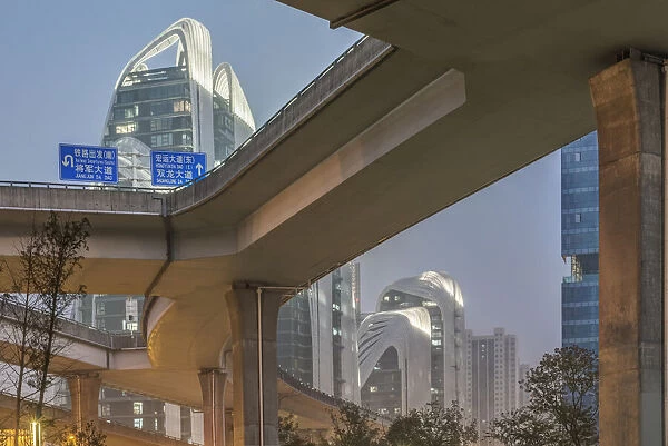 China, Jiangsu, Nanjing. Expressway and modern buildings near Nanjing South Station