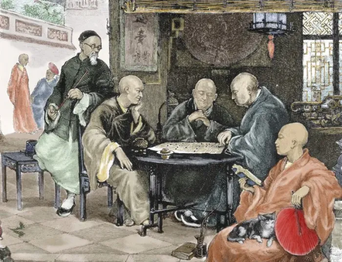 Framed Print : China. Men playing draughts in a tavern. Nineteenth-century colored engraving Framed Print : China. Men playing draughts in a tavern. Nineteenth-century colored engraving