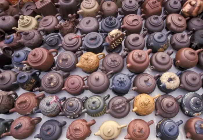 Framed Print : China, Sezhou. Purple clay teapots at local markets