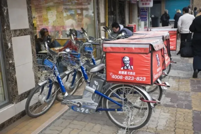 Framed Print : China, Shanghai. Delivery bicycles