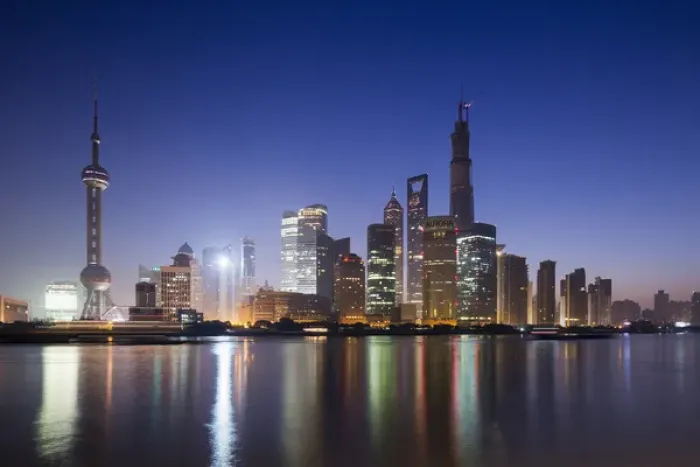 Framed Print : China, Shanghai, Glow of twilight behind towering skyline of Pudong district along Framed Print : China, Shanghai, Glow of twilight behind towering skyline of Pudong district along