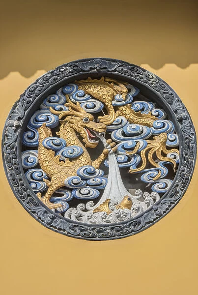 China, Shanghai. Jade Buddha Temple dragon bas-relief