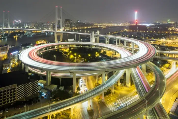 Framed Print : China, Shanghai, Overhead view of traffic on highway freeway overpasses stacked in Framed Print : China, Shanghai, Overhead view of traffic on highway freeway overpasses stacked in