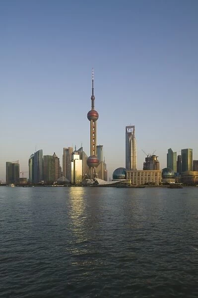 CHINA, Shanghai. Pudong District-Buildings of Pudong from the Huangpu River  /  Dusk