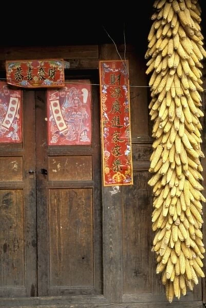 China, Sichuan Province. Dried corn hangs by the doorway of a farm house-Wolong reserve
