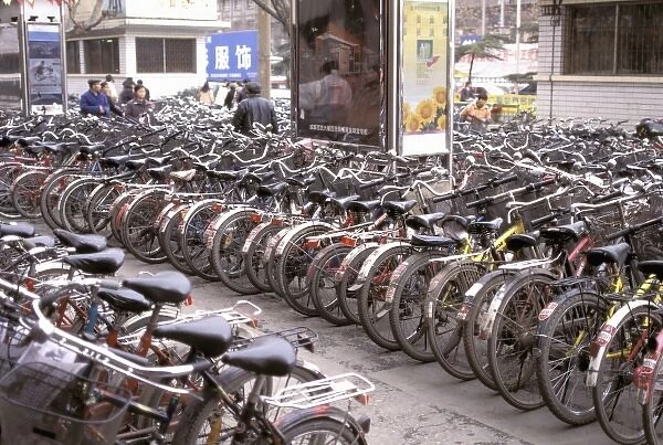 China, Sichuan Province. Mass of bicycles parked on sidewalk-Chengdu