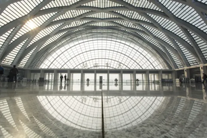 Framed Print : China, Tianjin, Reflections inside cavernous and nearly empty interior of newly built