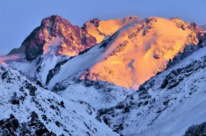 Framed Print : China, Xinjiang, Bogda Peak. Dawns red light creeps over Bogda Peak, in the Tien Shan Range