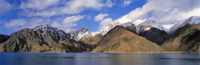 Framed Print : China, Xinjiang, Heavenly Lake. The snow-dappled peaks of Tien Shan Range surround Heavenly Lake Framed Print : China, Xinjiang, Heavenly Lake. The snow-dappled peaks of Tien Shan Range surround Heavenly Lake