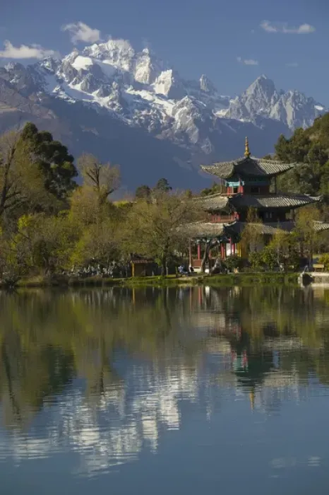 Framed Print : CHINA, Yunnan Province, Lijiang. Lijiang Old Town, Black Dragon Pool Park View towards Framed Print : CHINA, Yunnan Province, Lijiang. Lijiang Old Town, Black Dragon Pool Park View towards
