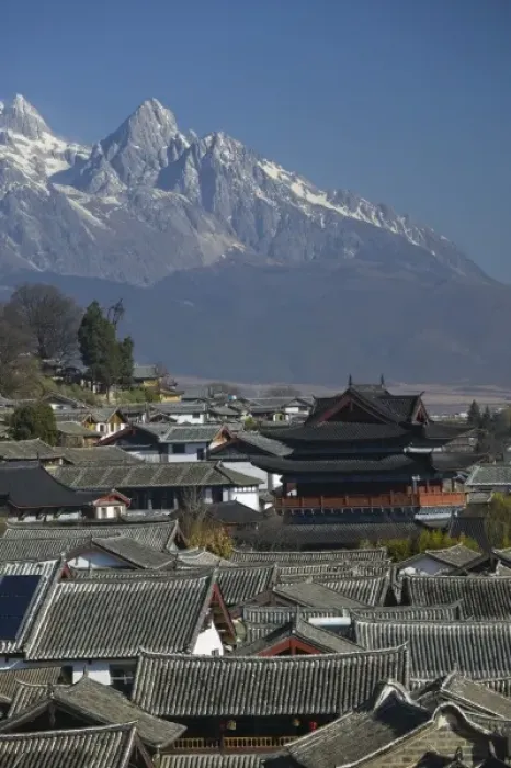 Framed Print : CHINA, Yunnan Province, Lijiang. Old Town, Rooftops and Jade Dragon Snow Mountain from New Town Framed Print : CHINA, Yunnan Province, Lijiang. Old Town, Rooftops and Jade Dragon Snow Mountain from New Town
