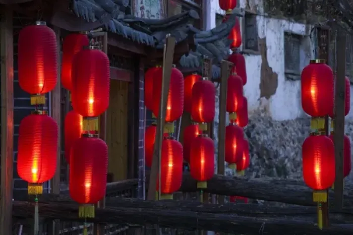Framed Print : CHINA, Yunnan Province, Lijiang. Old Town, Xinhua Jie restaurant street, red lanterns, evening