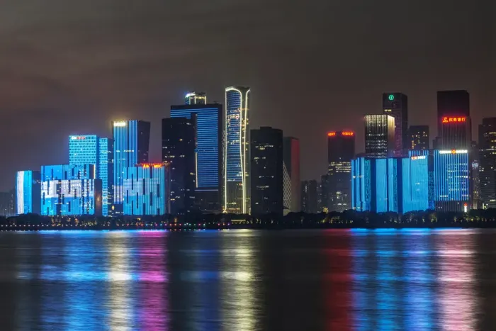 Framed Print : China, Zhejiang, Hangzhou. City skyline at twilight Framed Print : China, Zhejiang, Hangzhou. City skyline at twilight