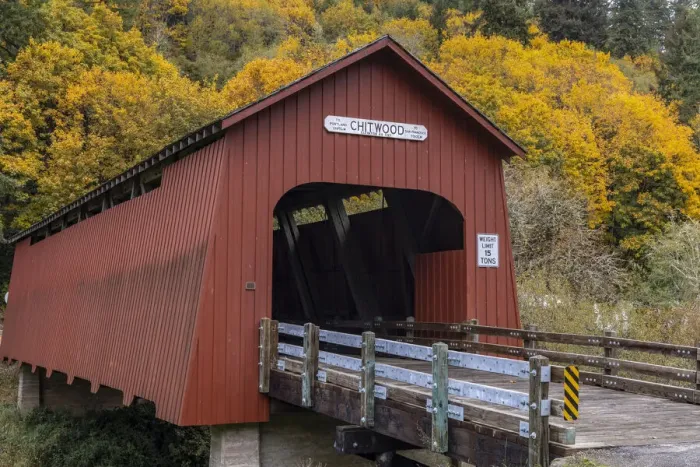 Framed Print : Chitwood Covered Bridge in autumn in Lincoln County, Oregon, USA