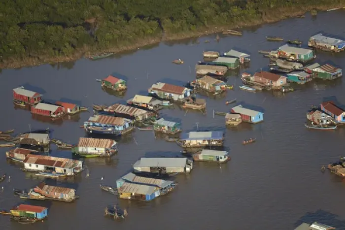 Framed Print : Chong Khneas Floating Village, Tonle Sap Lake, near Siem Reap, Cambodia - aerial
