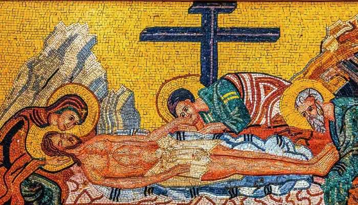 Framed Print : Christ taken down from cross mosaic, Saint George's Greek Orthodox Church, Madaba, Jordan. Church was created in the late 1800's