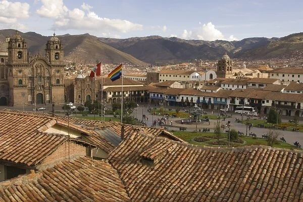 Christian Cathedral and gardens in Plaza de Armas, Cuzco, Peru. Cuzco city is a