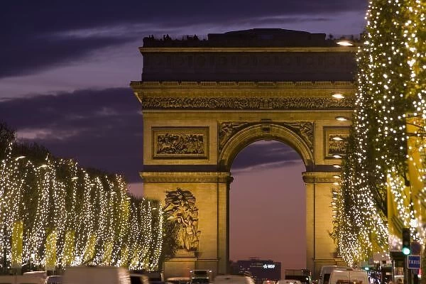 Christmas lights, Champs Elysees, Arc de Triomphe, Arch of Triumph, Paris, France