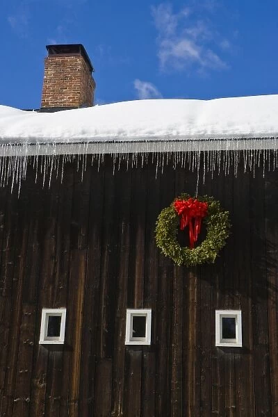 A christmas wreath on a barn in Grafton, Vermont