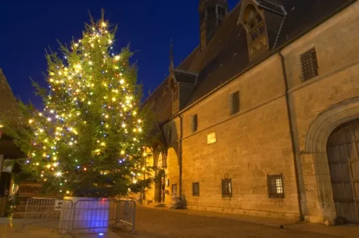 Framed Print : A chrstmas tree with coloured colored lights in front of the Hotel Dieu Hospices Framed Print : A chrstmas tree with coloured colored lights in front of the Hotel Dieu Hospices