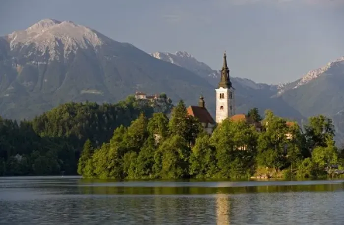 Framed Print : Church of the Assumption on island in Lake Bled, Slovenia Framed Print : Church of the Assumption on island in Lake Bled, Slovenia