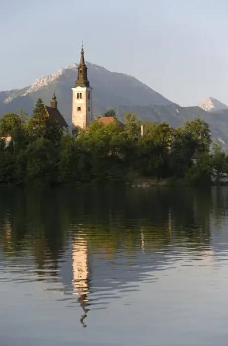 Framed Print : Church of the Assumption on island in Lake Bled, Slovenia Framed Print : Church of the Assumption on island in Lake Bled, Slovenia
