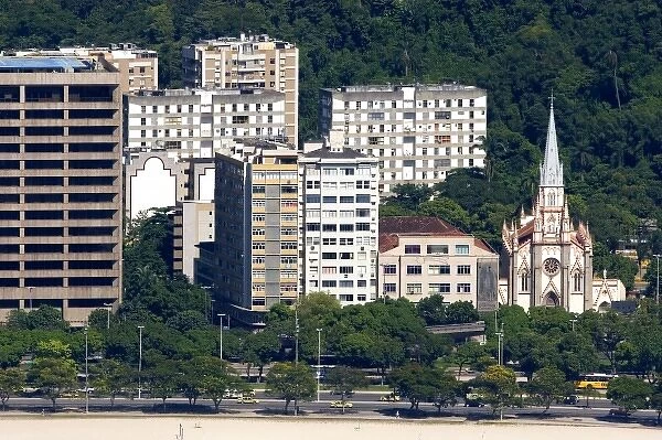 Church and modern buildings along the waterfront in Rio de Janeiro, Brazil