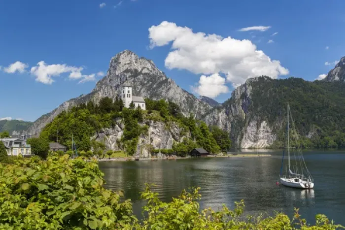 Framed Print : Church overlooking Traunsee lake, Traunkirchen, Upper Austria, Austria