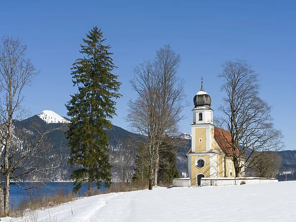 Church Sankt Margareth at Zwergern Spitz. Lake Walchensee near village Einsiedl in
