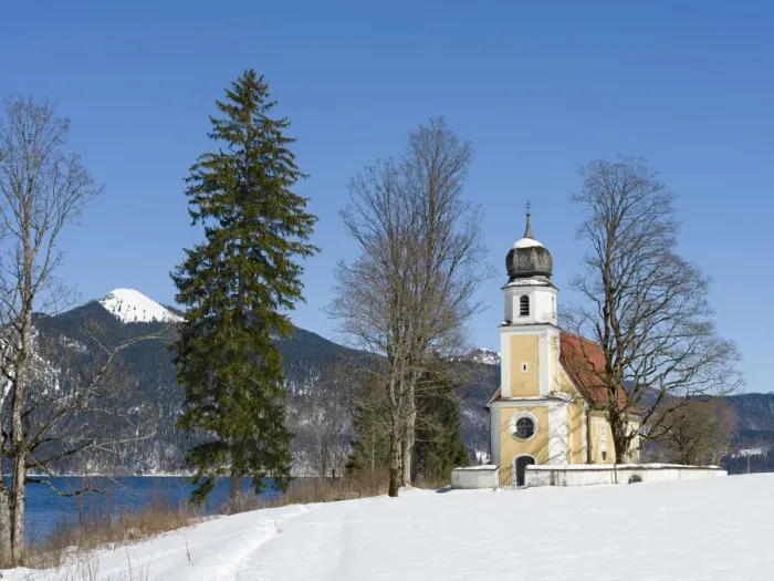 Framed Print : Church Sankt Margareth at Zwergern Spitz. Lake Walchensee near village Einsiedl in Framed Print : Church Sankt Margareth at Zwergern Spitz. Lake Walchensee near village Einsiedl in