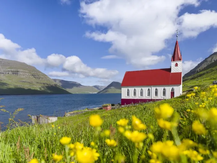 Framed Print : The church in village Husar on Kalsoy, in the background the island of Bordoy and Klaksvik Framed Print : The church in village Husar on Kalsoy, in the background the island of Bordoy and Klaksvik