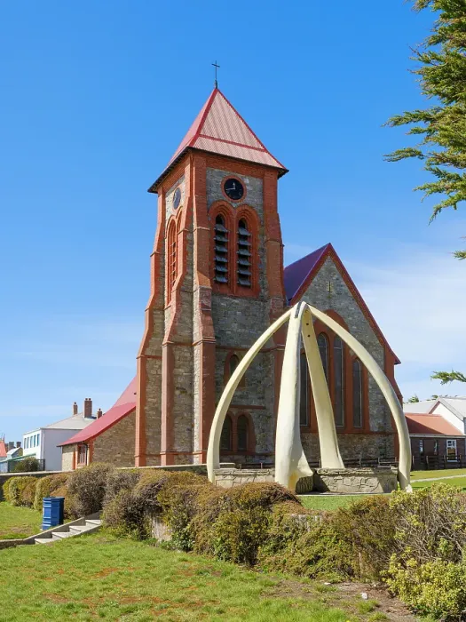 Framed Print : The church with Whalebone Arch, the icon of Stanley. Stanley, the capital of the Falkland Islands. South America, Falkland Islands, East Falkland