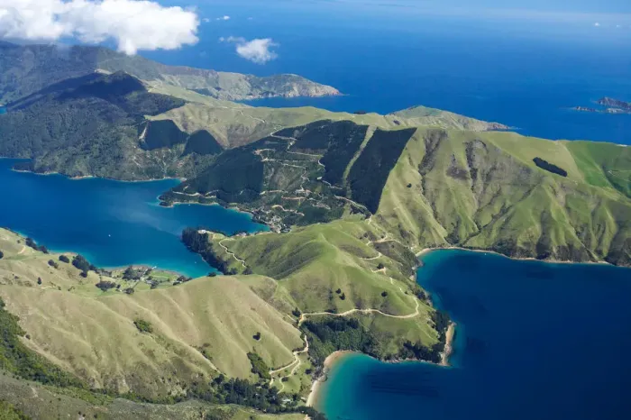 Framed Print : Cissy and Te Towaka Bays (left) and Elsie and Hamilton Bays (right), Marlborough Sounds