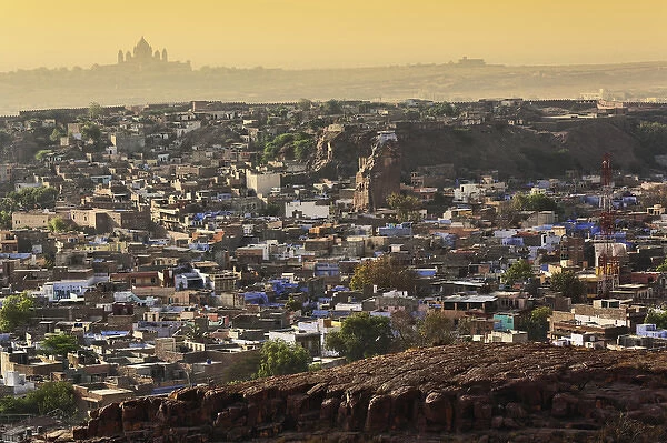 The city of Jodhpur, India (Blue City) and distant Umaid Bhawan Palace, Located in