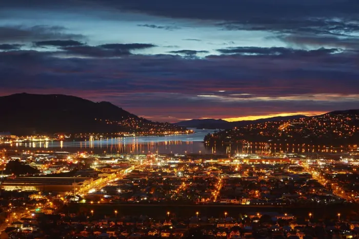 Framed Print : City lights, South Dunedin and Otago Harbor, Dunedin, South Island, New Zealand Framed Print : City lights, South Dunedin and Otago Harbor, Dunedin, South Island, New Zealand