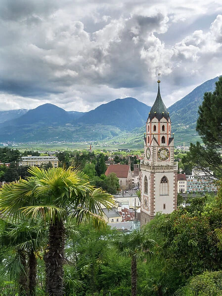 City of Meran (Merano) with church. Europe, Central Europe, Italy, South Tyrol, April