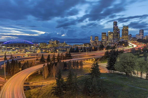 City skyline and Interstate 90 and 5 from Rizal Bridge in downtown Seattle, Washington State