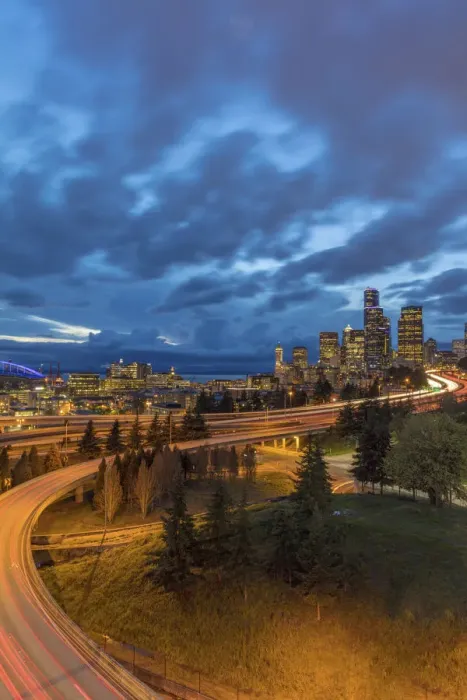 Framed Print : City skyline and Interstate 90 and 5 from Rizal Bridge in downtown Seattle, Washington State
