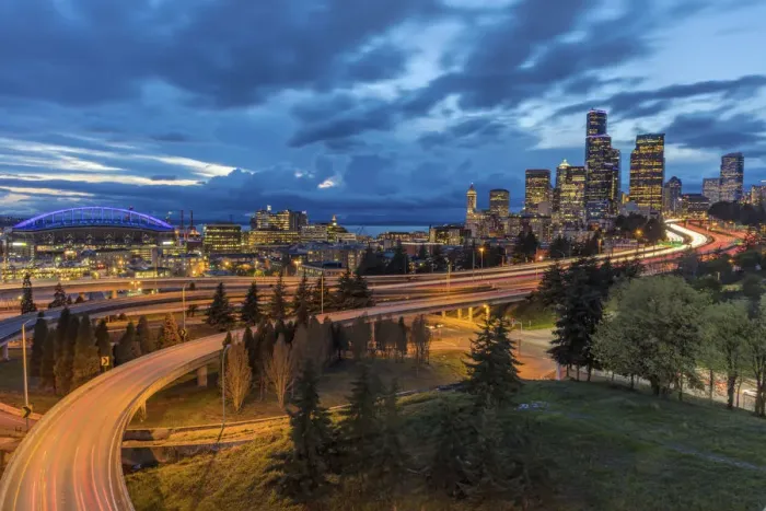 Framed Print : City skyline and Interstate 90 and 5 from Rizal Bridge in downtown Seattle, Washington State