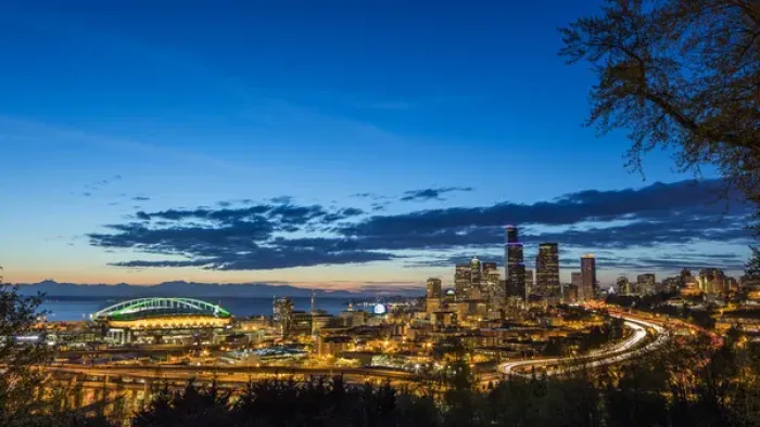 Framed Print : City skyline from Jose Rizal Park in downtown Seattle, Washington, USA