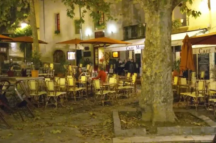 Framed Print : A city square with cafes and restaurants at night. Montpellier. Languedoc. France