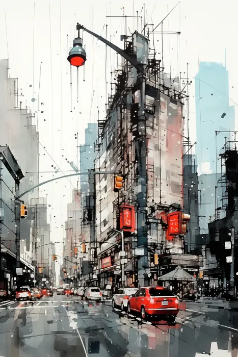 Framed Print : City streetscape. Illustration-style. (AI Generated) Framed Print : City streetscape. Illustration-style. (AI Generated)
