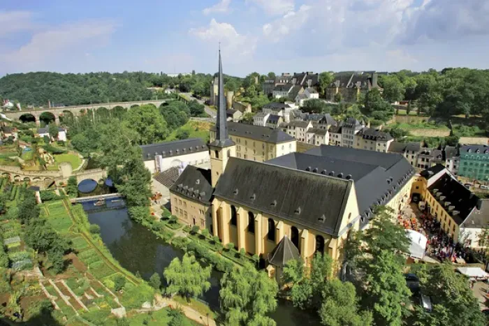 Framed Print : City view of St. Johanneskirche and abbey Neumuenster, Grund, Luxemburg, Europe Framed Print : City view of St. Johanneskirche and abbey Neumuenster, Grund, Luxemburg, Europe